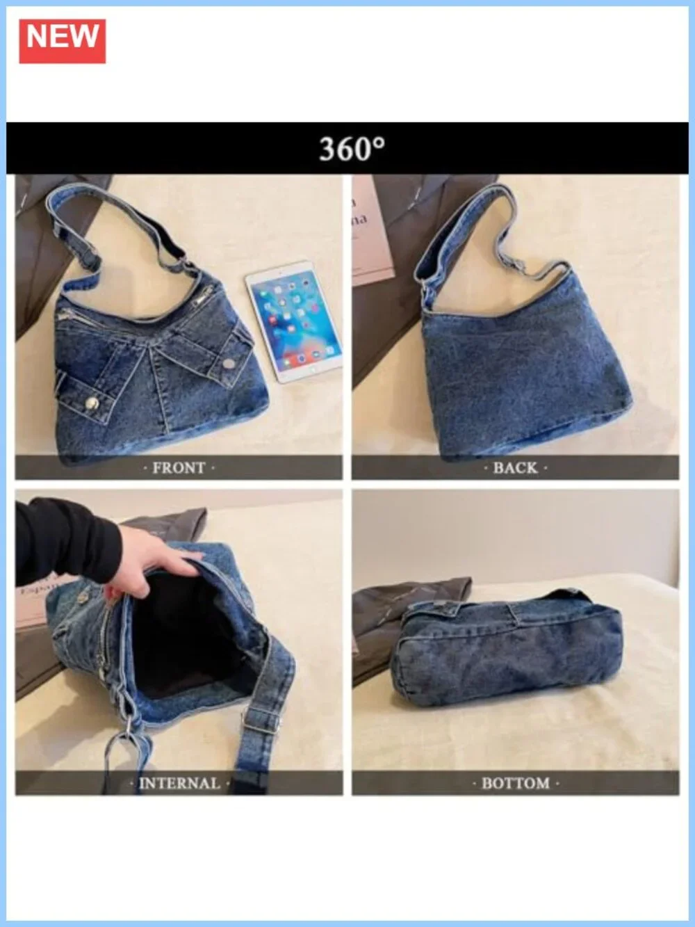 Denim Crossbody Bag Large Capacity Hobo Shoulder Purse Adjustable Strap